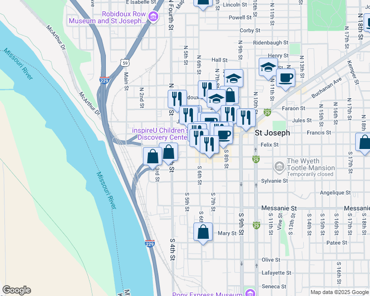 map of restaurants, bars, coffee shops, grocery stores, and more near 502 Felix Street in Saint Joseph