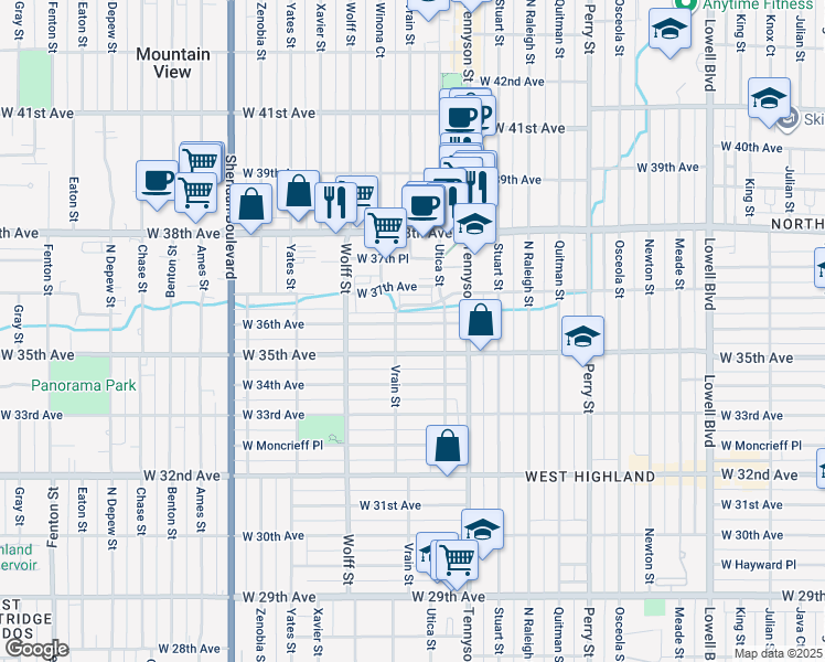 map of restaurants, bars, coffee shops, grocery stores, and more near 4546 West 36th Avenue in Denver