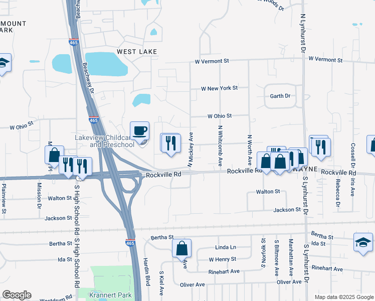 map of restaurants, bars, coffee shops, grocery stores, and more near 46 North Mickley Avenue in Indianapolis