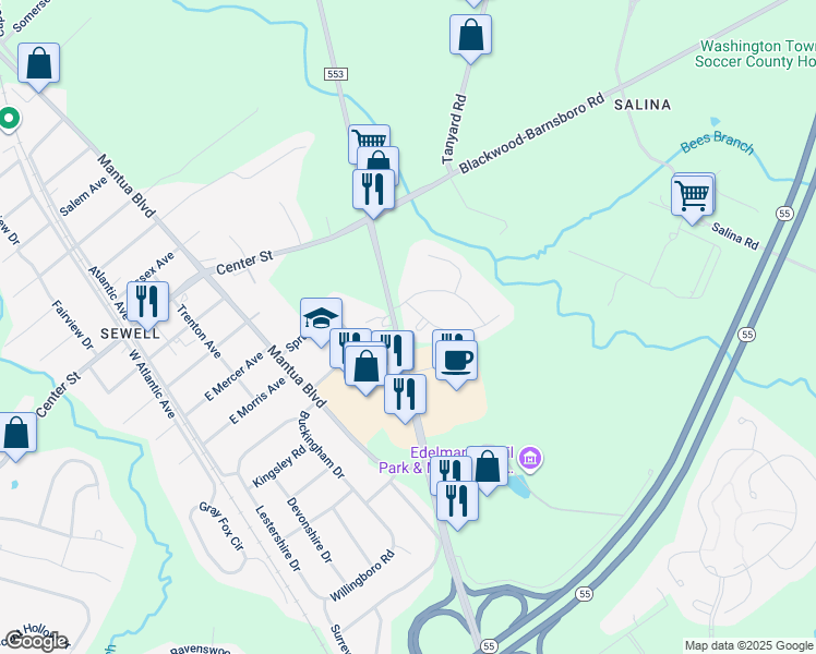 map of restaurants, bars, coffee shops, grocery stores, and more near 3 Arbour Lane in Gloucester County