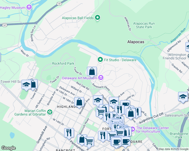 map of restaurants, bars, coffee shops, grocery stores, and more near 22 Rockford Road in Wilmington