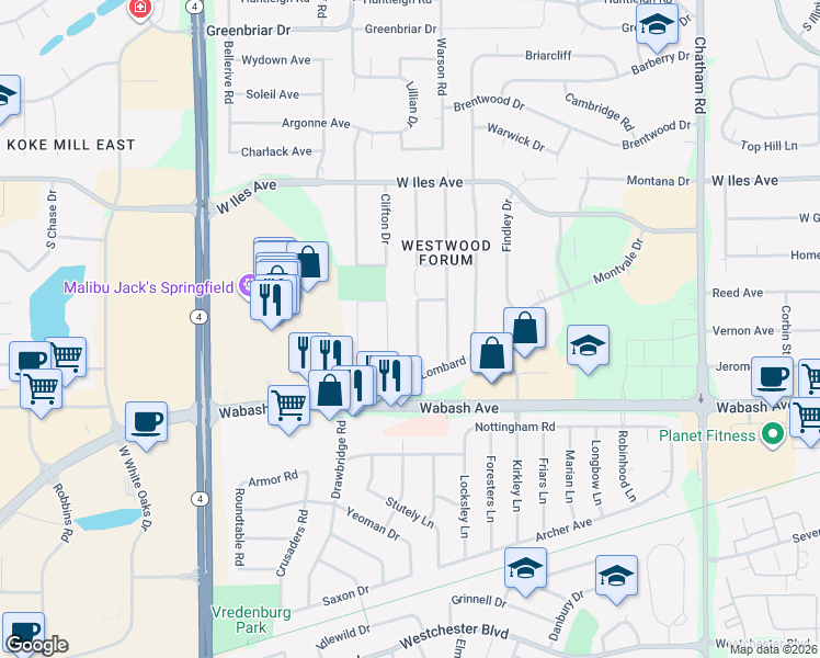 map of restaurants, bars, coffee shops, grocery stores, and more near 2901-3099 Bennington Dr in Springfield