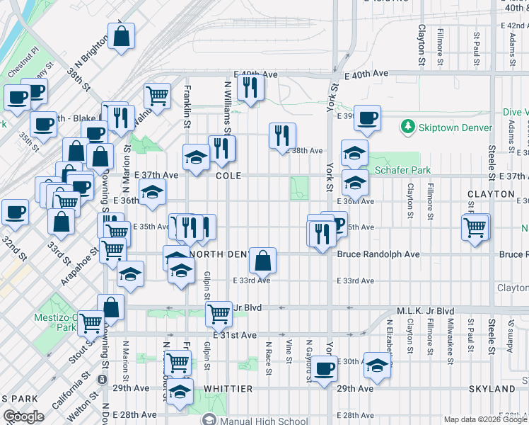 map of restaurants, bars, coffee shops, grocery stores, and more near 3535 Race Street in Denver