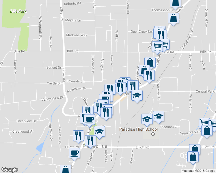 map of restaurants, bars, coffee shops, grocery stores, and more near 6186 Center Street in Paradise