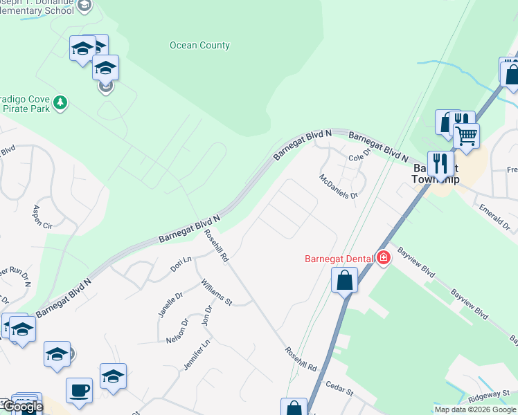 map of restaurants, bars, coffee shops, grocery stores, and more near 119 Emerson Lane in Barnegat Township