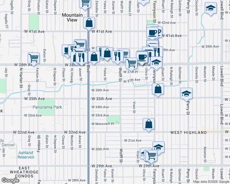 map of restaurants, bars, coffee shops, grocery stores, and more near 4818 West 36th Avenue in Denver