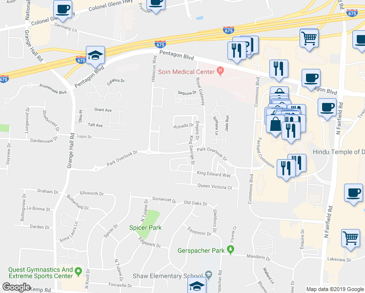 map of restaurants, bars, coffee shops, grocery stores, and more near 3603 Parliament Court in Beavercreek
