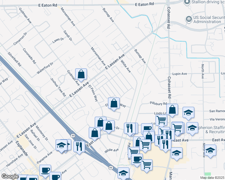 map of restaurants, bars, coffee shops, grocery stores, and more near 701 East Lassen Avenue in Chico