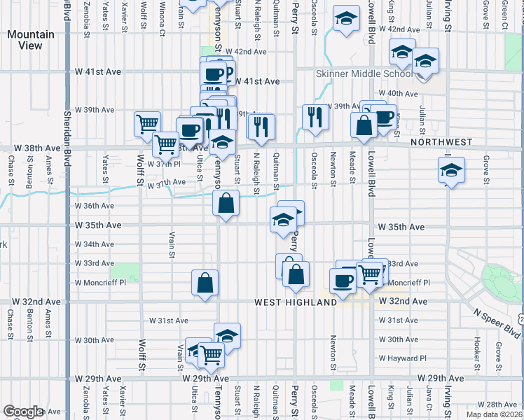 map of restaurants, bars, coffee shops, grocery stores, and more near 3541 Raleigh Street in Denver