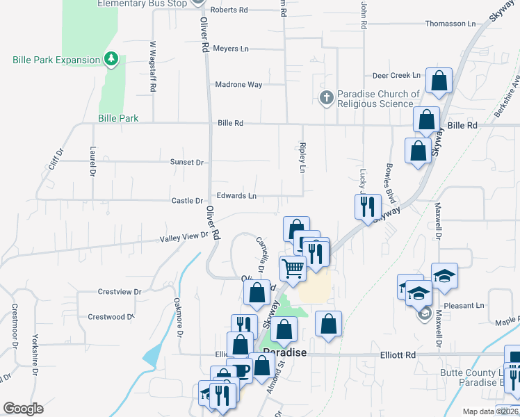 map of restaurants, bars, coffee shops, grocery stores, and more near 726 Edwards Lane in Paradise
