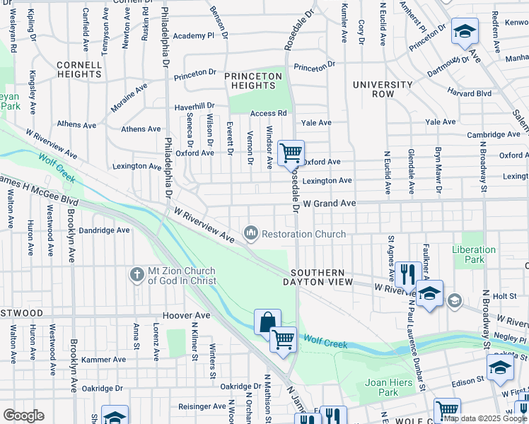 map of restaurants, bars, coffee shops, grocery stores, and more near 1904 West Grand Avenue in Dayton