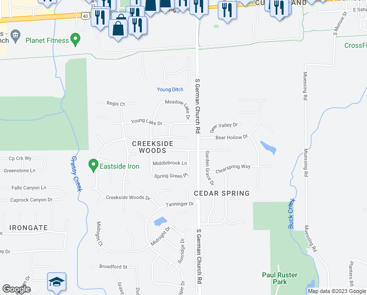 map of restaurants, bars, coffee shops, grocery stores, and more near 10916 Spring Green Drive in Indianapolis