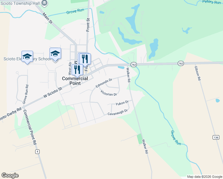 map of restaurants, bars, coffee shops, grocery stores, and more near 121 Brittney Road in Commercial Point