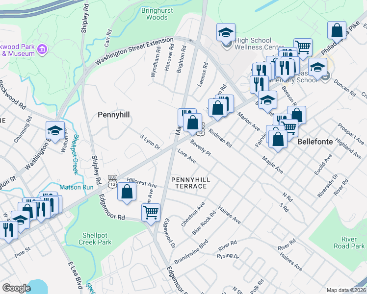 map of restaurants, bars, coffee shops, grocery stores, and more near 300 Philadelphia Pike in Wilmington