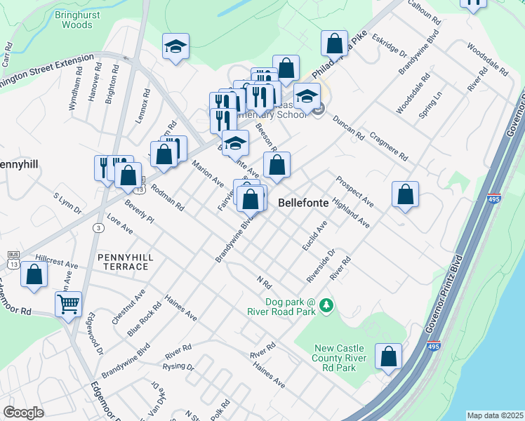 map of restaurants, bars, coffee shops, grocery stores, and more near 906 Brandywine Boulevard in Wilmington