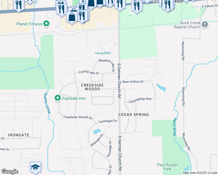 map of restaurants, bars, coffee shops, grocery stores, and more near 10916 Spring Green Drive in Indianapolis