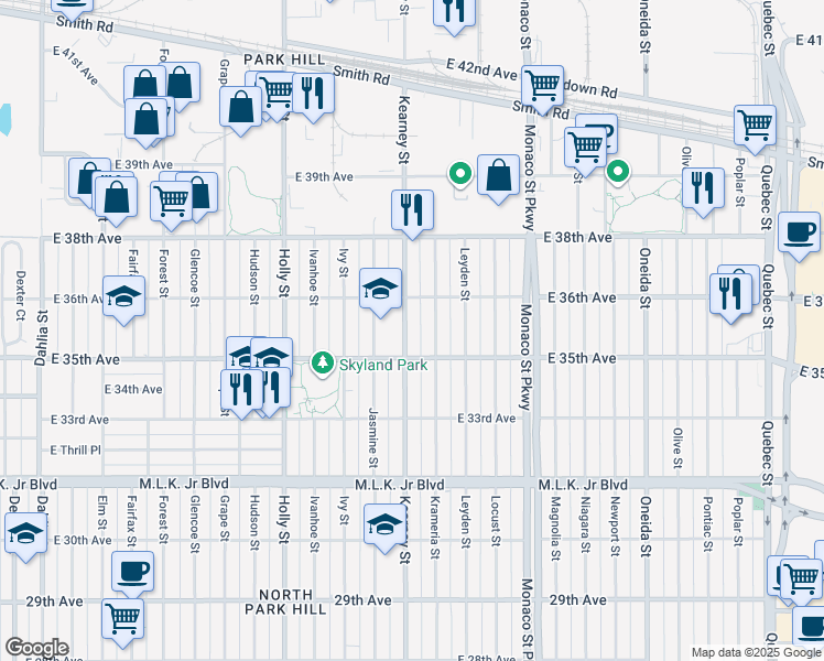 map of restaurants, bars, coffee shops, grocery stores, and more near 3538 Kearney Street in Denver