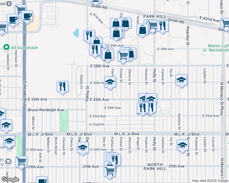 map of restaurants, bars, coffee shops, grocery stores, and more near 3550 Fairfax Street in Denver