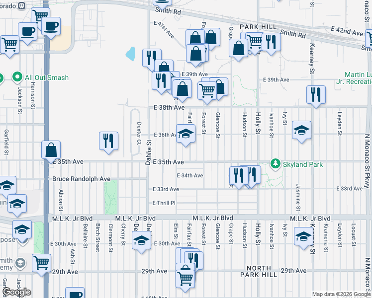 map of restaurants, bars, coffee shops, grocery stores, and more near 3550 Fairfax Street in Denver