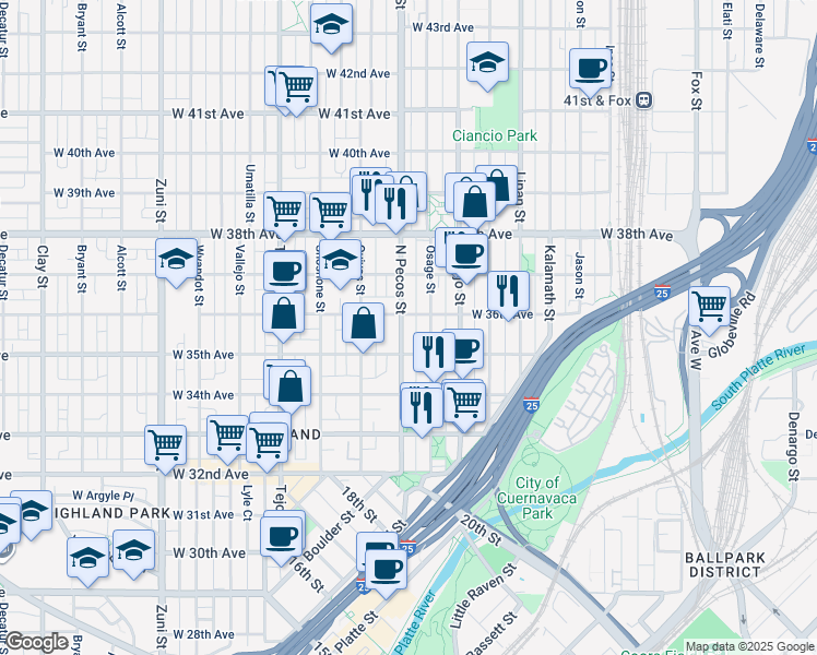 map of restaurants, bars, coffee shops, grocery stores, and more near 3540 North Pecos Street in Denver