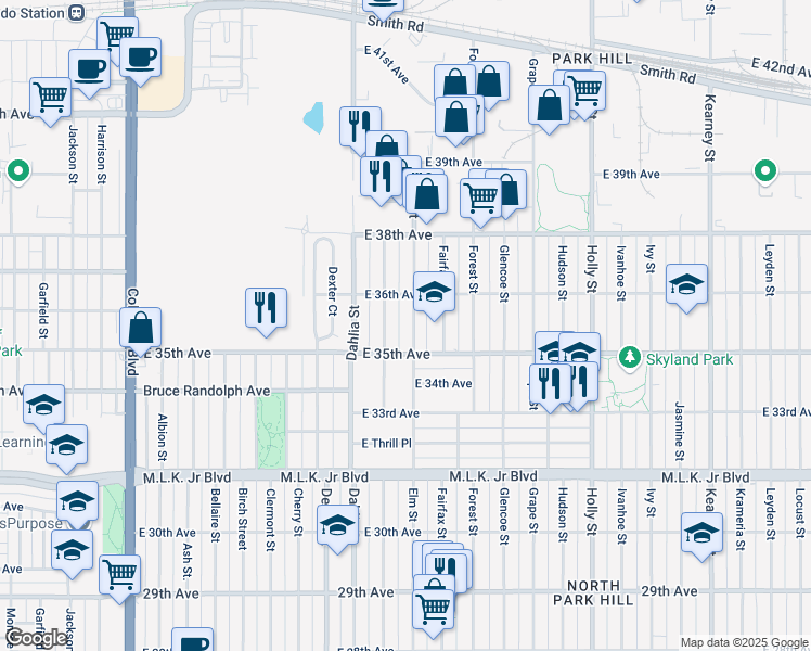 map of restaurants, bars, coffee shops, grocery stores, and more near 3541 Elm Street in Denver