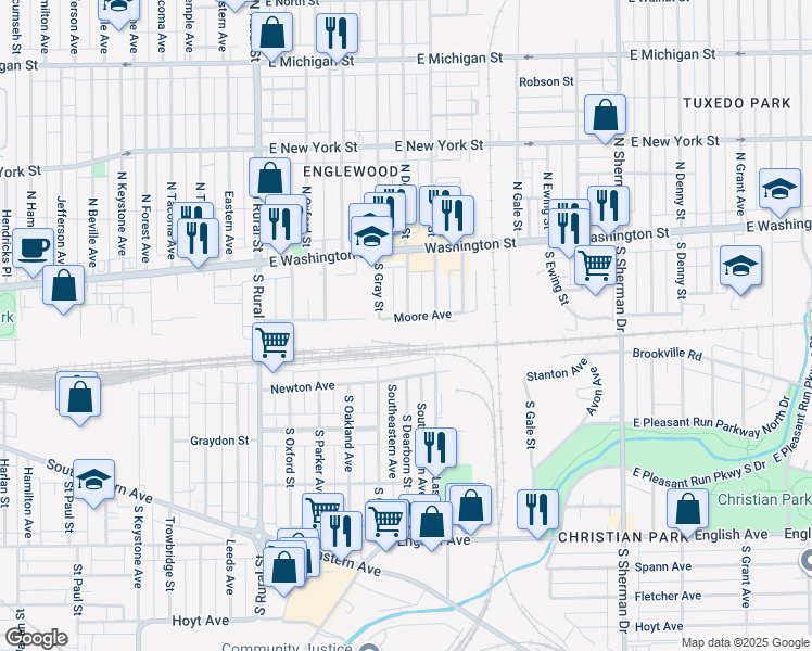 map of restaurants, bars, coffee shops, grocery stores, and more near 3200 Moore Avenue in Indianapolis