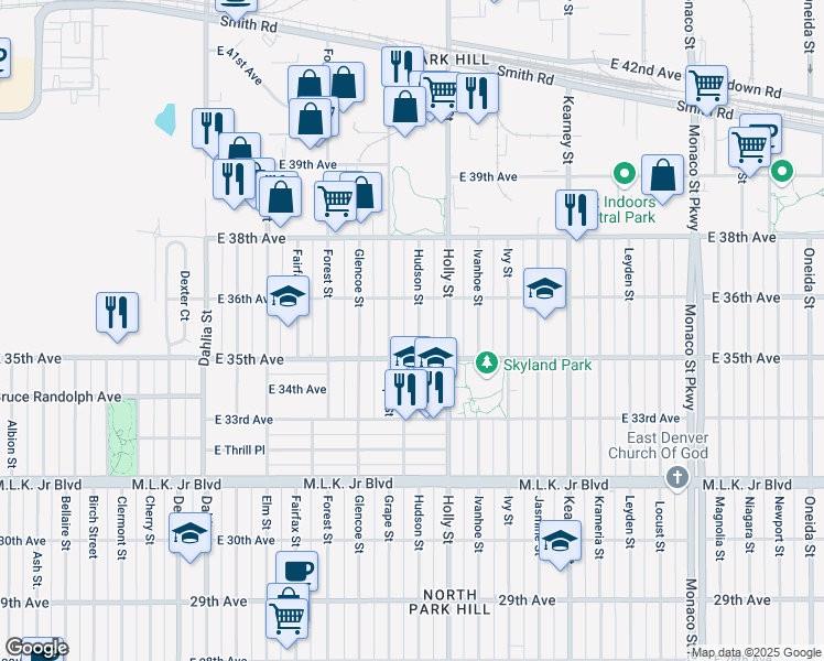 map of restaurants, bars, coffee shops, grocery stores, and more near 3543 Hudson Street in Denver