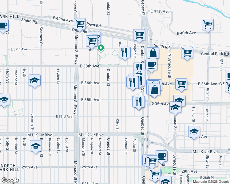 map of restaurants, bars, coffee shops, grocery stores, and more near 3546 Olive Street in Denver