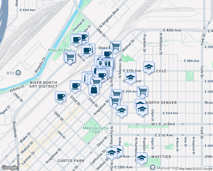 map of restaurants, bars, coffee shops, grocery stores, and more near 1220 35th Street in Denver