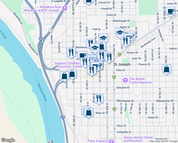 map of restaurants, bars, coffee shops, grocery stores, and more near 602 Felix Street in Saint Joseph