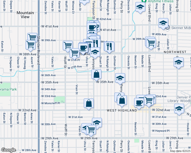 map of restaurants, bars, coffee shops, grocery stores, and more near 3536 Tennyson Street in Denver