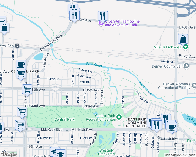 map of restaurants, bars, coffee shops, grocery stores, and more near 3587 Boston Street in Denver