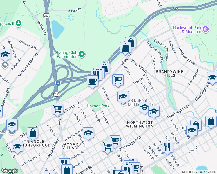 map of restaurants, bars, coffee shops, grocery stores, and more near 903 Western Avenue in Wilmington