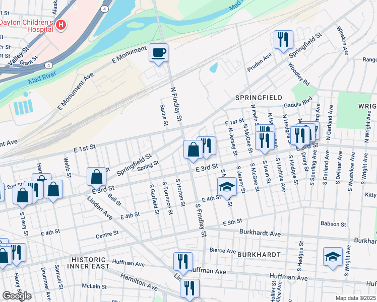 map of restaurants, bars, coffee shops, grocery stores, and more near 2604 East 2nd Street in Dayton