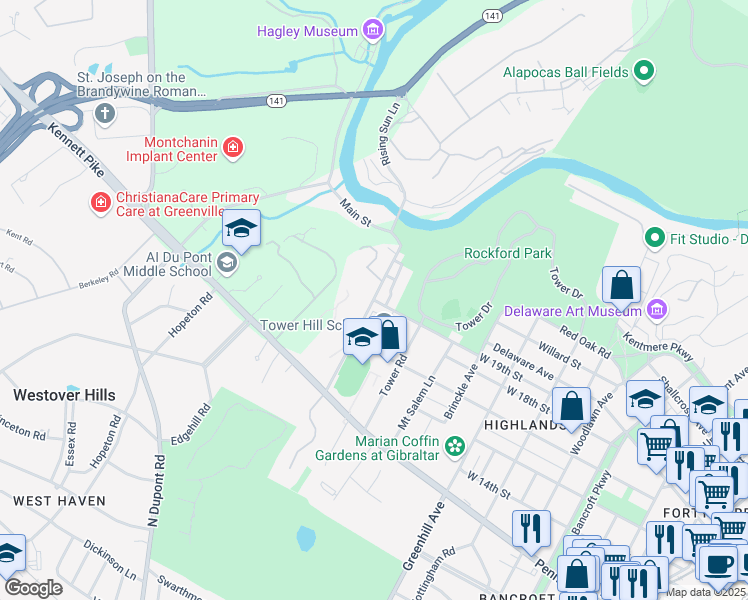 map of restaurants, bars, coffee shops, grocery stores, and more near 1935 Rising Sun Lane in Wilmington