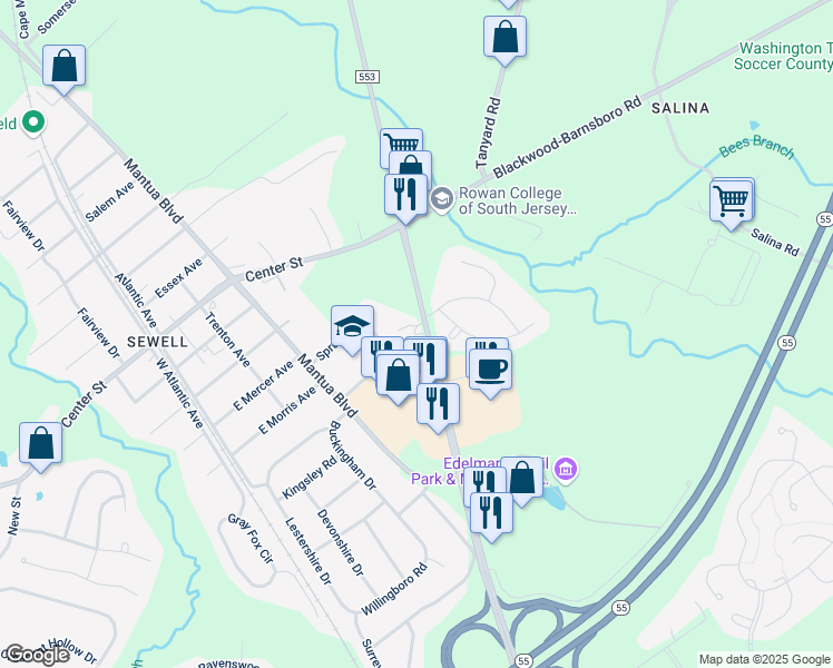 map of restaurants, bars, coffee shops, grocery stores, and more near 3 Arbour Lane in Gloucester County
