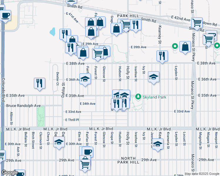 map of restaurants, bars, coffee shops, grocery stores, and more near 3545 Grape St in Denver