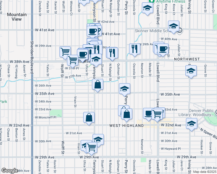 map of restaurants, bars, coffee shops, grocery stores, and more near 3541 Raleigh Street in Denver