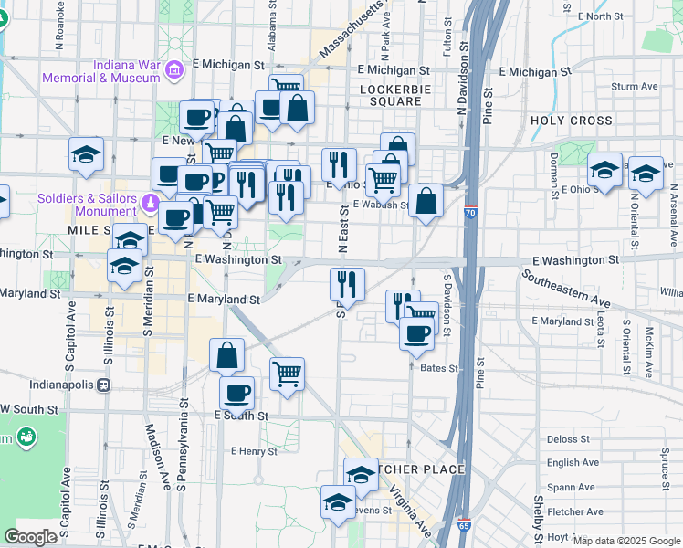 map of restaurants, bars, coffee shops, grocery stores, and more near 20 South East Street in Indianapolis