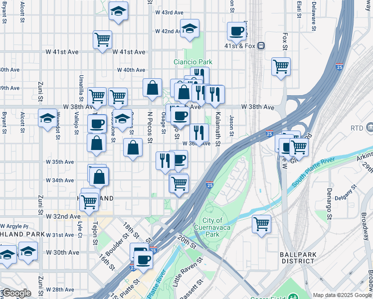 map of restaurants, bars, coffee shops, grocery stores, and more near 3543 Mariposa Street in Denver