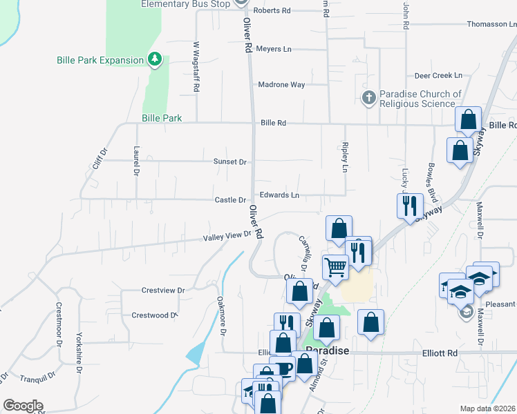 map of restaurants, bars, coffee shops, grocery stores, and more near 6082 Oliver Road in Paradise
