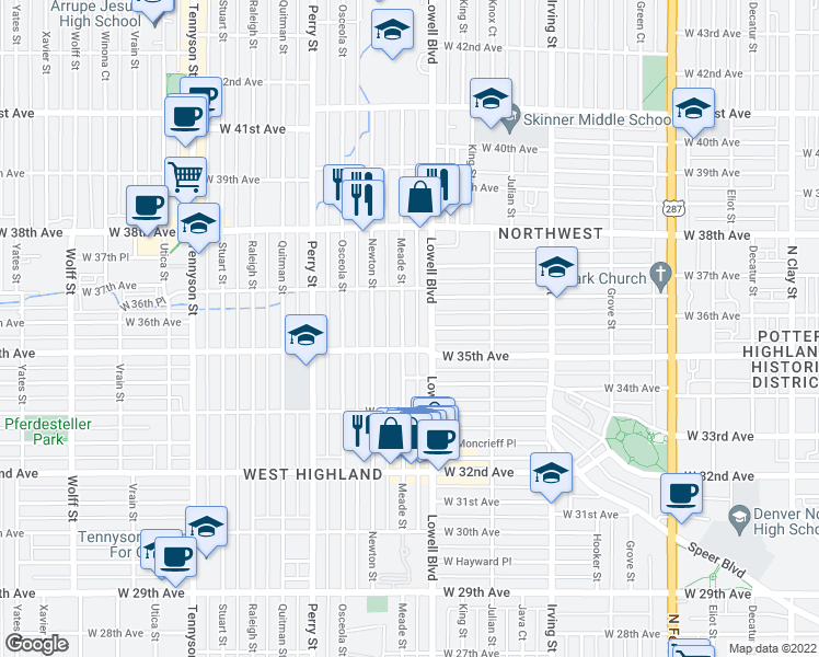 map of restaurants, bars, coffee shops, grocery stores, and more near 3532 Meade Street in Denver