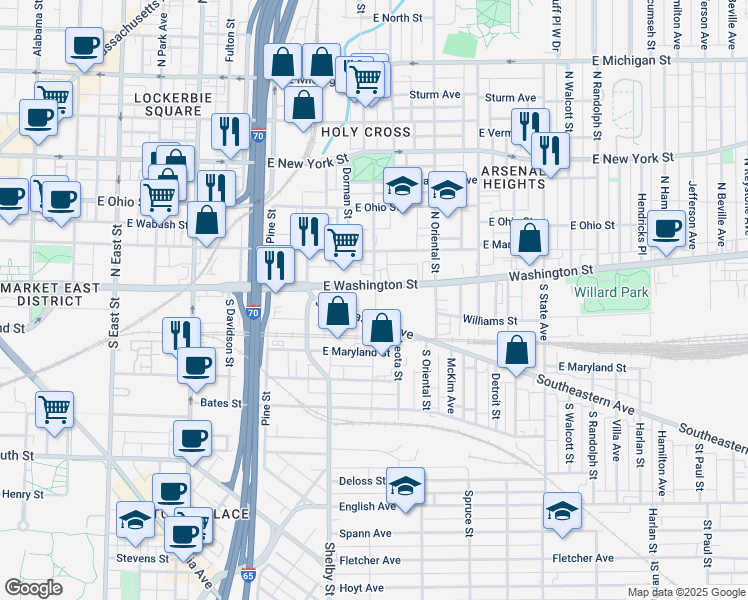 map of restaurants, bars, coffee shops, grocery stores, and more near 1145 East Washington Street in Indianapolis