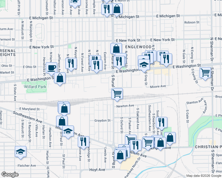 map of restaurants, bars, coffee shops, grocery stores, and more near 104 South Rural Street in Indianapolis