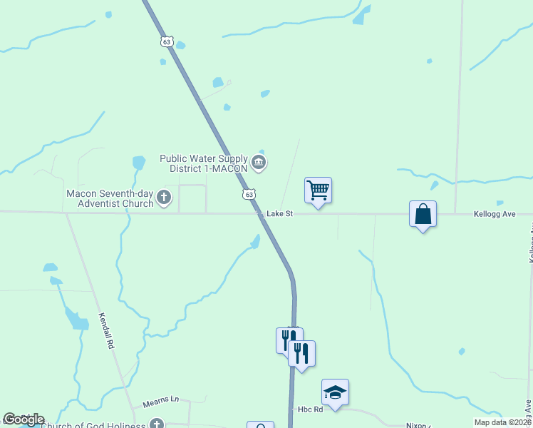 map of restaurants, bars, coffee shops, grocery stores, and more near 30513 Lake Street in Macon