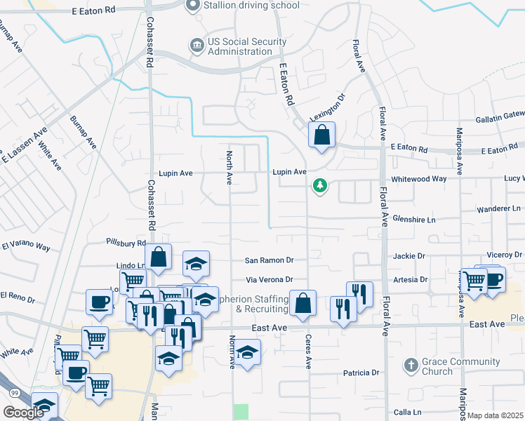 map of restaurants, bars, coffee shops, grocery stores, and more near 7 San Pablo Court in Chico