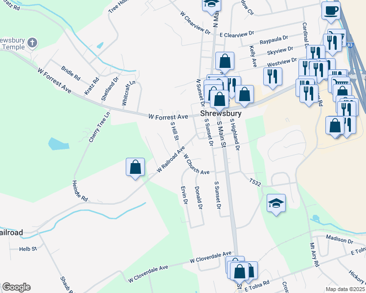 map of restaurants, bars, coffee shops, grocery stores, and more near 125 W Railroad Ave in Shrewsbury