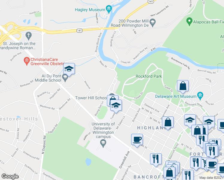 map of restaurants, bars, coffee shops, grocery stores, and more near 1903 Dorcas Lane in Wilmington