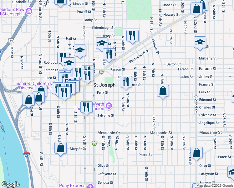 map of restaurants, bars, coffee shops, grocery stores, and more near 1210 Felix Street in Saint Joseph