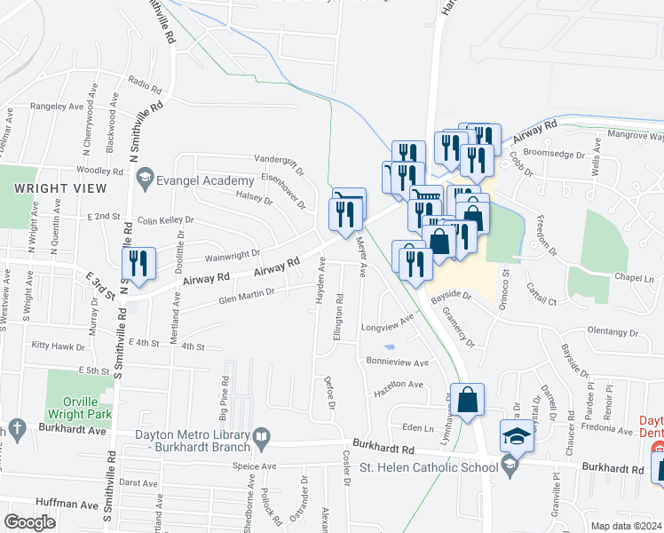 map of restaurants, bars, coffee shops, grocery stores, and more near 4812 Conway Road in Dayton